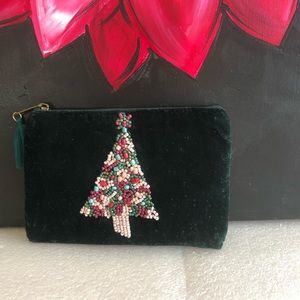 Vintage green Christmas tree velvet pouch .